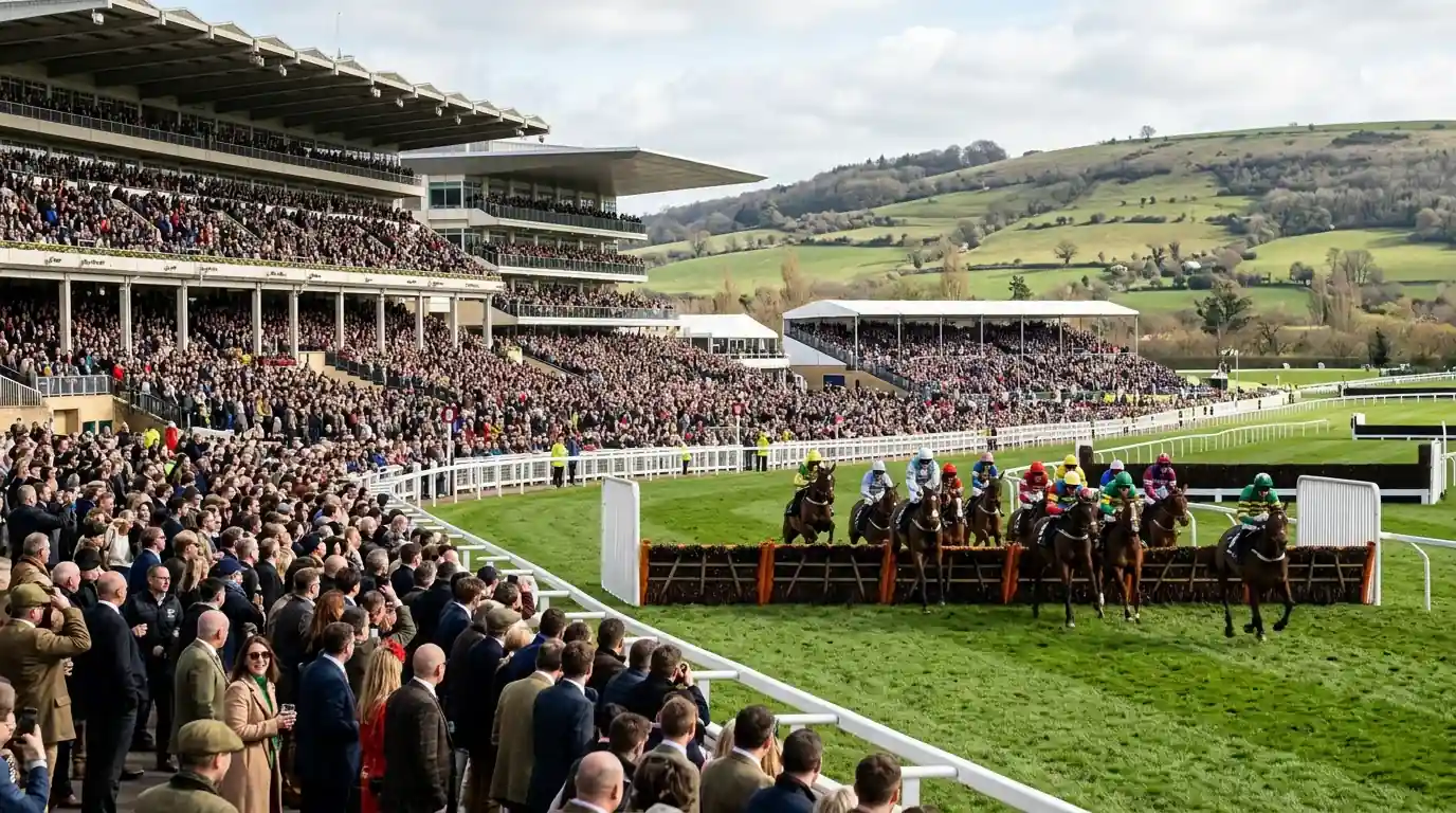 Packed grandstand at Cheltenham Festival with runners approaching the final hurdle on a March afternoon