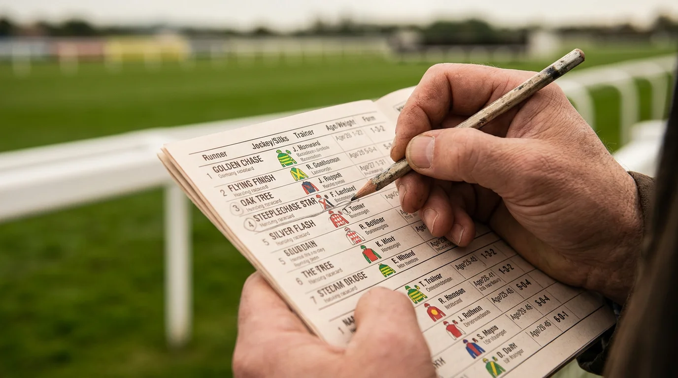 Racecard and betting slip showing win, each-way and forecast bet types at a UK racecourse
