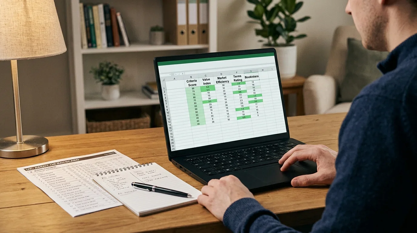Analyst reviewing horse racing bookmaker criteria including BOG, Extra Places and market depth on a laptop